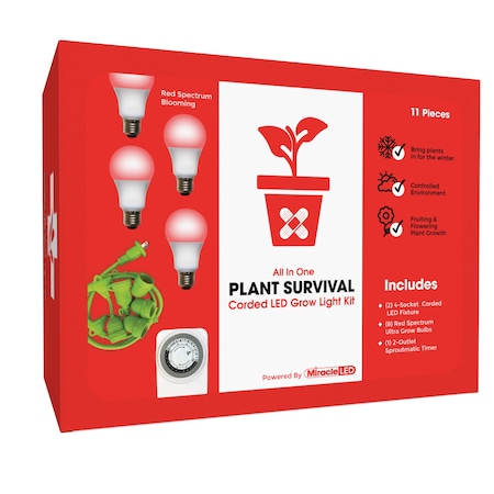 Miracle Led 4-Socket Plant Survival Grow Light Kit- Red Spec. 12W Replace 150W Grow Bulbs w/ Timer, 2PK 802351